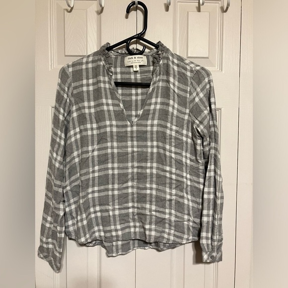 Cloth & Stone Blouse Women’s Sz XXS Gray Plaid V Neck Casual School Lightweight - Picture 1 of 6